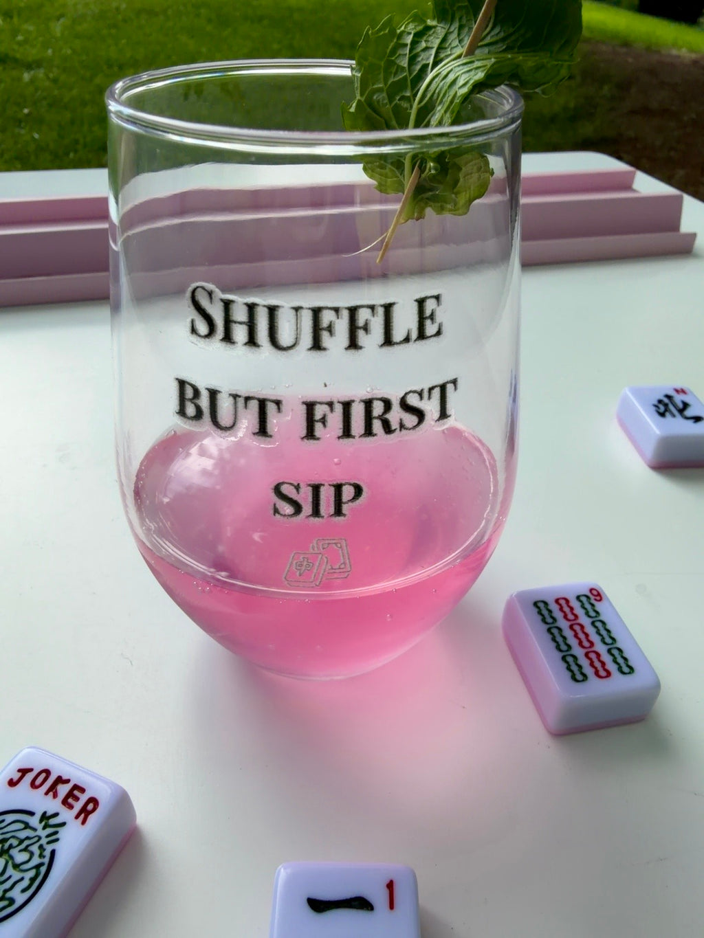 Shuffle But First Sip Stemless Wine Glass | Mahjong Wine Glass | Hostess Gift | Mahjong Lover Wine Glass