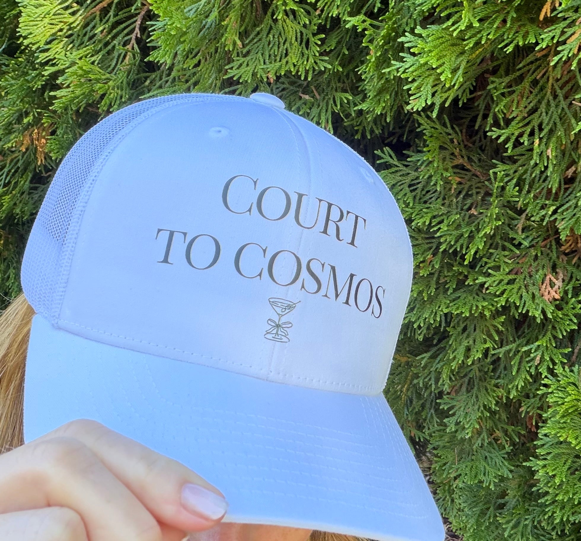 COURT TO COSMOS Trucker Hat | White Ponytail Hat for Tennis, Mahjong & Rosé Girls